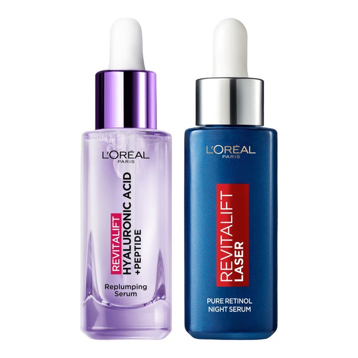 L'Oréal Paris Revitalift Filler og Laser ansiktsserum med hyaluronsyre og retinol i lilla og blå glassflasker.