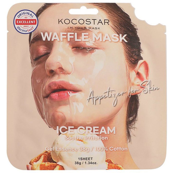 Kocostar Waffle Mask Ice Cream 38g beroligende ansiktsmaske i beige sachet med bilde av kvinne og vaffelis