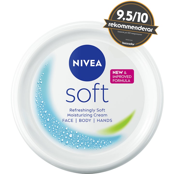 Nivea Soft 300 ml fuktighetsgivende krem i hvit krukke med Buzzador-merke og teksten New & Improved Formula