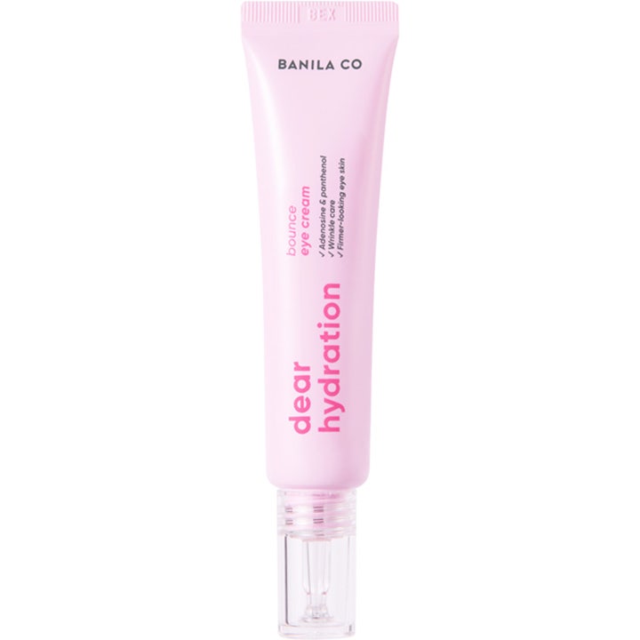 Banila Co Dear Hydration Bounce Eye Cream 20 ml oppstrammende øyekrem i en lyserosa tube med gjennomsiktig hette.