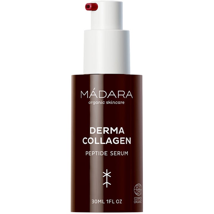 Mádara Derma Collagen Peptide Serum 30ml oppstrammende ansiktsserum i mørk brun flaske med hvit pumpe og rød detalj