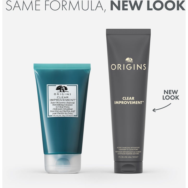 Origins Clear Improvement 150 ml ansiktsrens med detox-kull viser gammelt blågrønt og nytt mørkegrått design.
