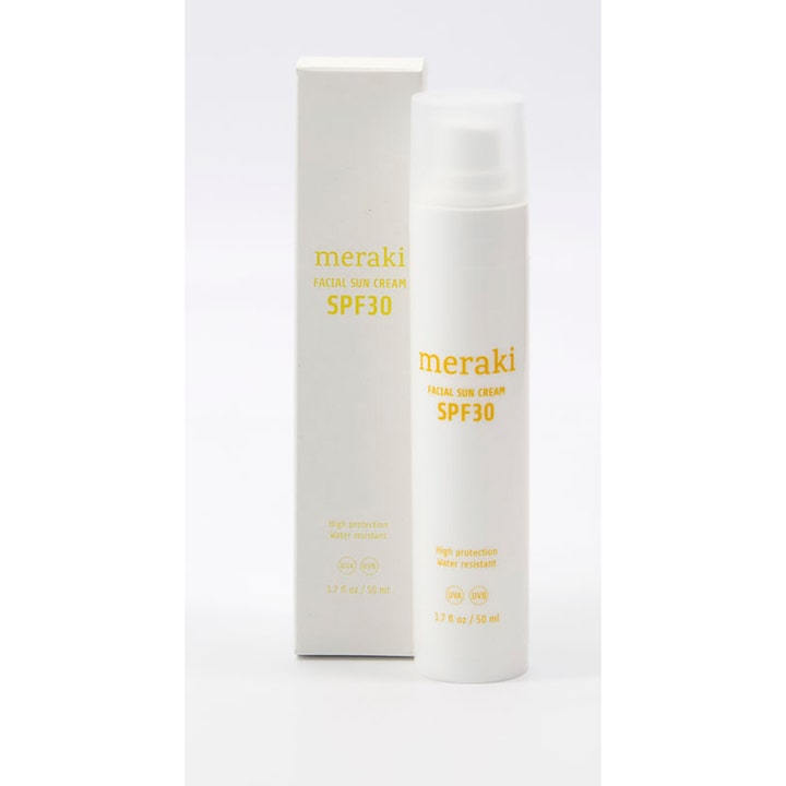 Meraki Facial Sun Cream 50 ml vannresistent ansiktssolkrem som gir SPF30 i hvit pumpeflaske og eske.