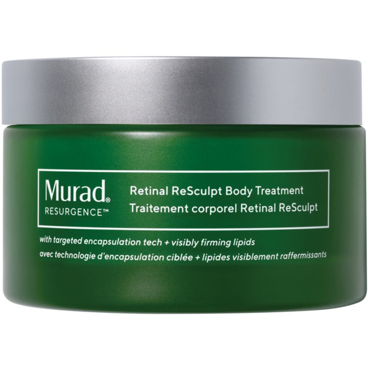 Murad Retinal ReSculpt Body Treatment oppstrammende kroppspleie i en grønn krukke med metallisk sølvlokk