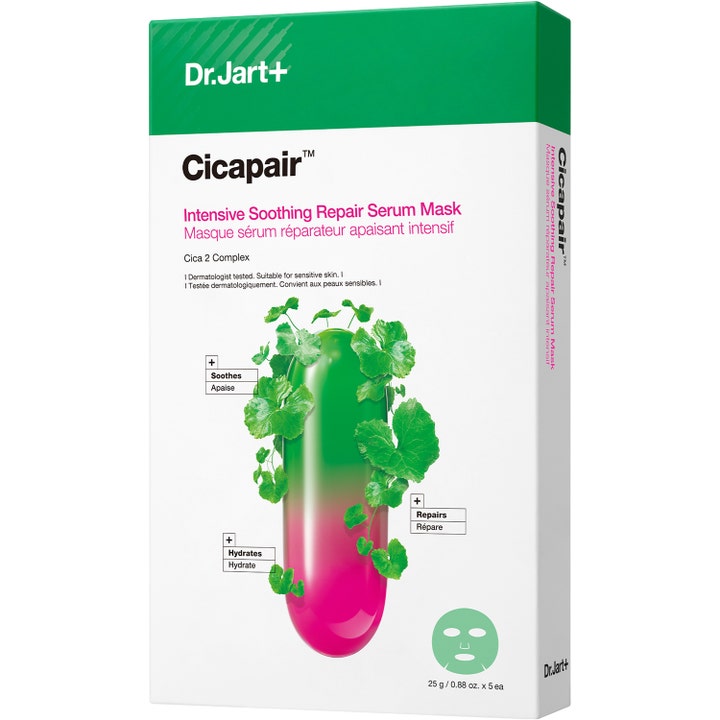 Dr.Jart+ Cicapair Intensive Soothing Repair Serum Mask 5 stk beroligende ansiktsmaske i hvit og grønn eske