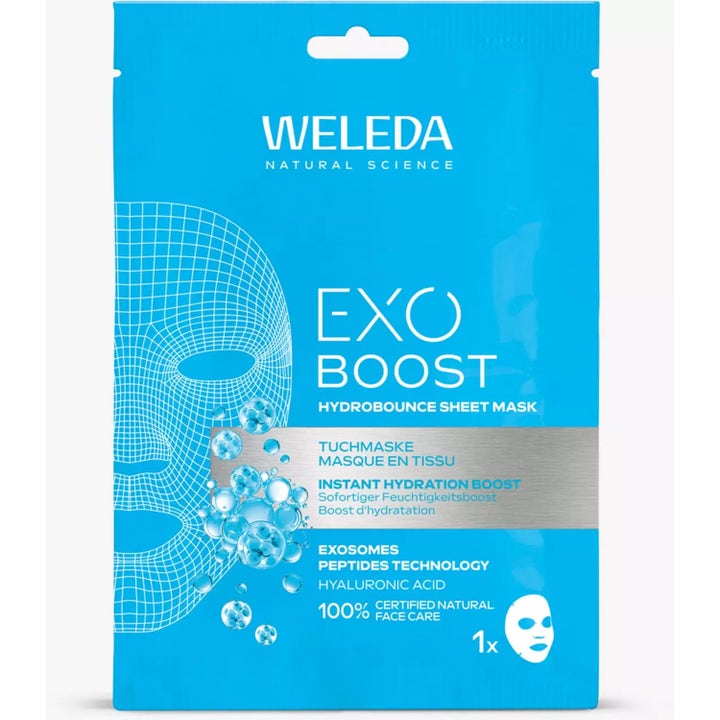 Weleda Exo Boost Hydrobounce Sheet Mask 1 stk fuktighetsgivende ansiktsmaske i blå pose med hvitt rutenett og bobler