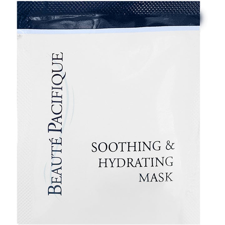 Beauté Pacifique Soothing & Hydrating Sheet Mask 15 ml beroligende ansiktsmaske i hvit pose med mørkeblå detaljer