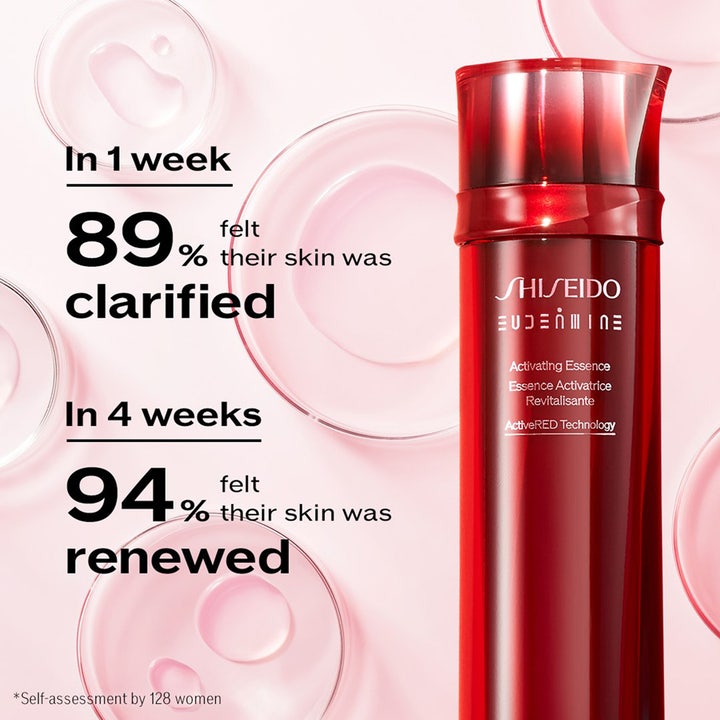 Shiseido Eudermine Activating Essence 150 ml rød flaske som gir klarere og fornyet hud vist med testresultater.