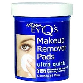 Andrea Eye Q's Makeup Remover Pads 65 stk fjerner sminke skånsomt i blå krukke med hvitt lokk og bilde av et øye