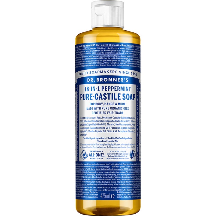 Dr. Bronner's 18-In-1 Peppermint Pure-Castile Soap 475 ml flytende såpe i flaske med blå etikett.