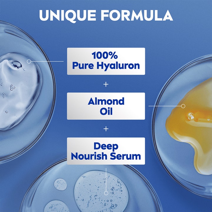 NIVEA Rich Nourishing Body Lotion 400 ml fuktighetsgivende krem med hyaluron mandelolje og serum vist i petriskåler