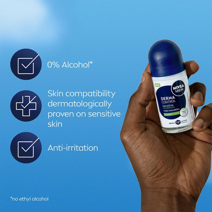 NIVEA MEN Derma Control Sensitive 50 ml roll-on i glassflaske gir anti-irritasjon og 72 timers beskyttelse.