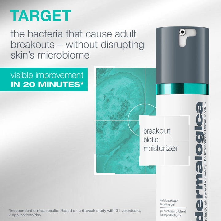 Dermalogica Breakout Biotic Moisturizer Duo fuktighetskrem mot urenheter i hvit pumpeflaske med infografikk
