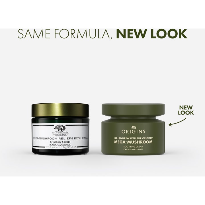Origins Mega-Mushroom Soothing Face Cream 50 ml beroligende ansiktskrem i ny olivengrønn krukke ved siden av gammelt design