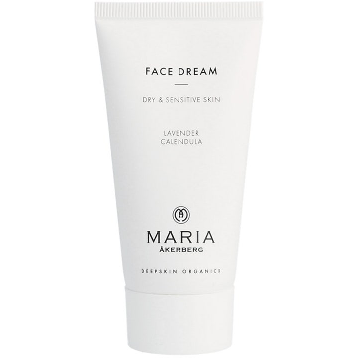 Maria Åkerberg Face Dream 50 ml beroligende ansiktskrem for tørr hud i en hvit tube med lavendel og ringblomst.