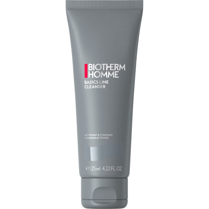 Biotherm Homme Basics Line Cleanser 125 ml som renser og toner huden i en matt grå tube med flippkork.