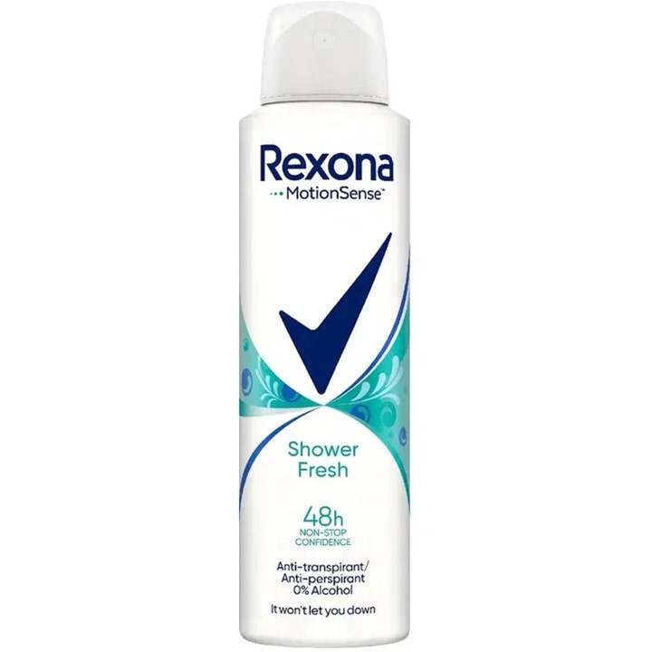 Rexona MotionSense Shower Fresh deodorantspray gir 48 timers beskyttelse i hvit sprayflaske med blått hake-symbol og turkise detaljer.