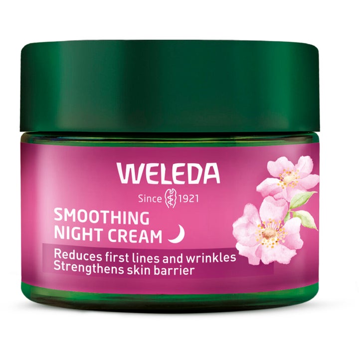 Weleda Smoothing Night Cream 30ml utjevnende nattkrem i grønn glasskrukke som reduserer linjer og har rosa etikett
