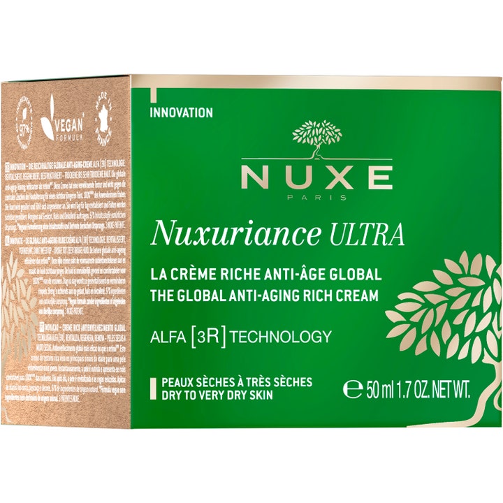 Nuxe Nuxuriance Ultra 50 ml rik dagkrem for tørr hud i grønn eske med Alfa 3R teknologi og vegansk formel.