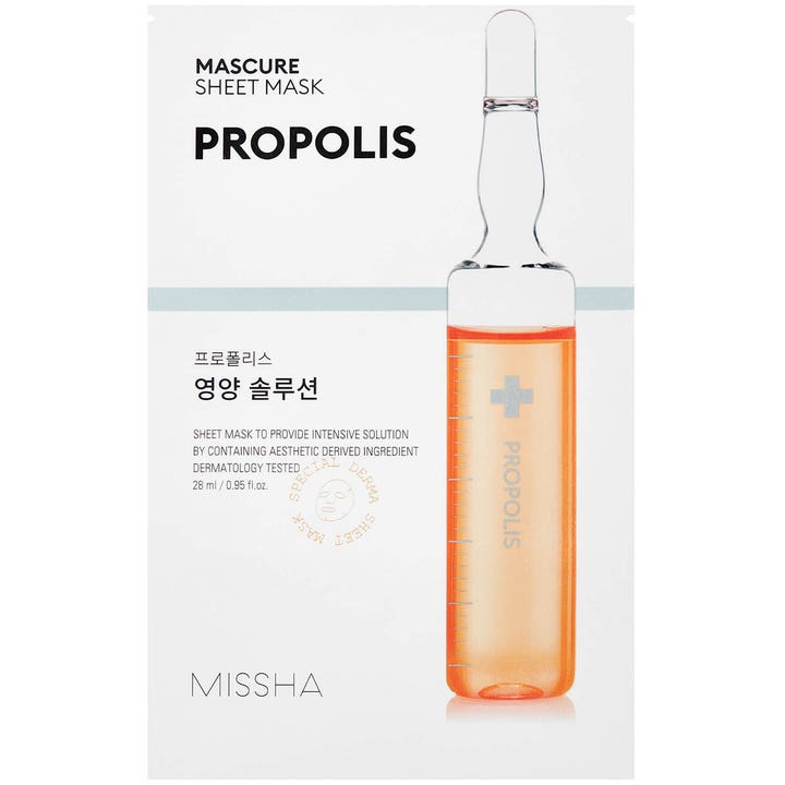 Missha Mascure Sheet Mask Propolis 28 ml næringsgivende ansiktsmaske i hvit sachet med bilde av en oransje ampulle