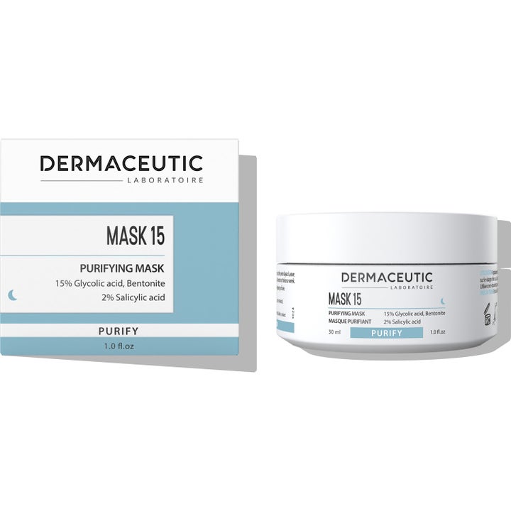 Dermaceutic Mask 15 30 ml rensende ansiktsmaske med glykolsyre og salisylsyre i hvit krukke og eske