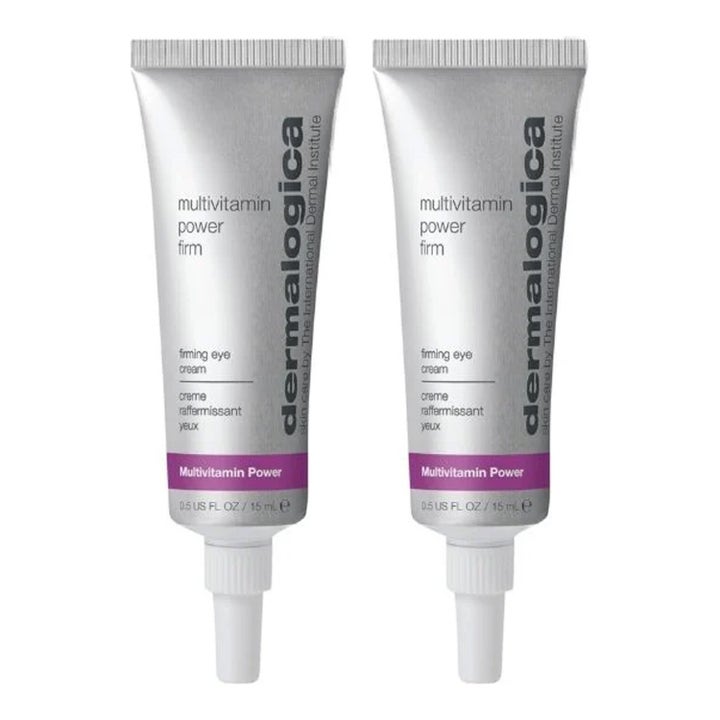 Dermalogica Multivitamin Power Firm oppstrammende øyekrem mot rynker i to sølvfargede tuber med hvit kork