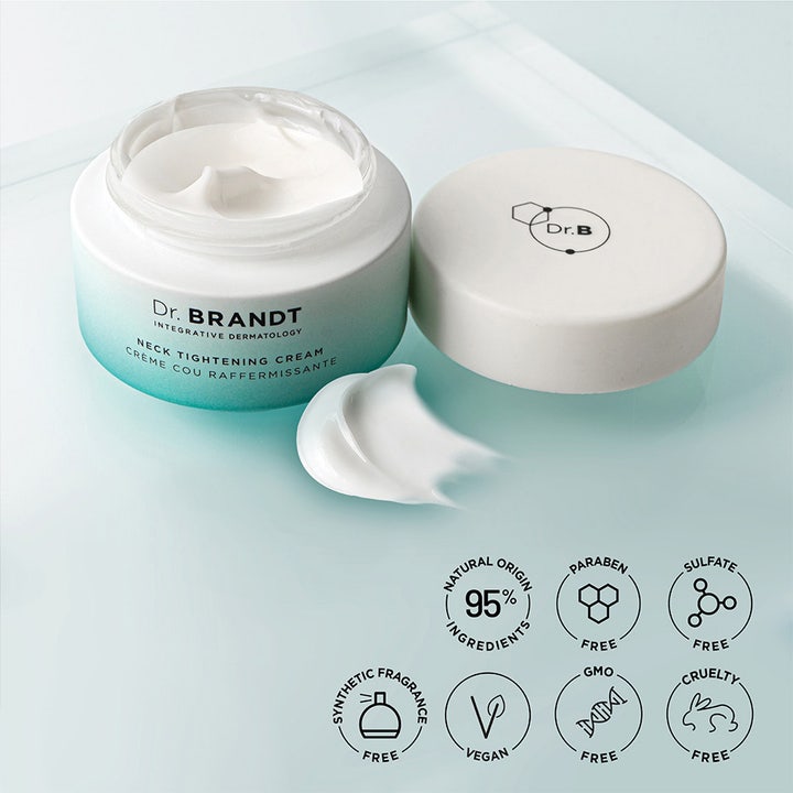 Dr. Brandt Neck Tightening Cream oppstrammende halskrem i blåtonet krukke med rik hvit kremtekstur og produktprøve.
