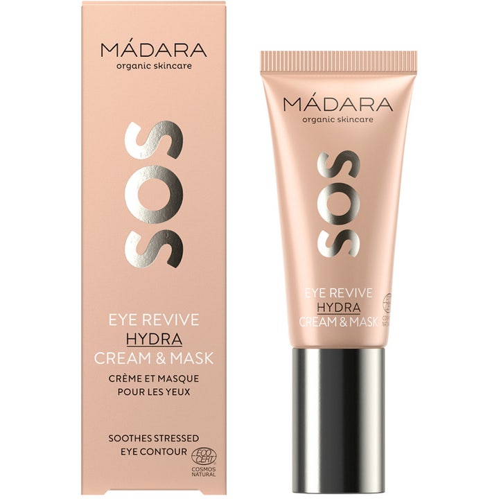 MÁDARA SOS Eye Revive Hydra Cream & Mask 20 ml beroligende øyekrem i ferskenfarget tube med sølvfarget kork.