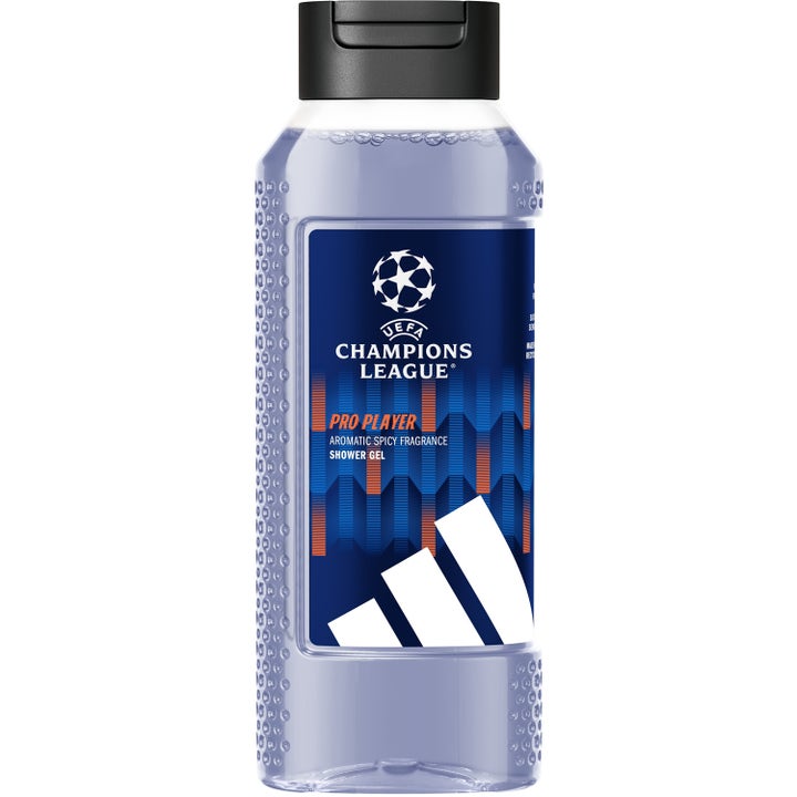 Adidas UEFA Champions League Pro Player dusjsåpe gir en krydret duft i en klar flaske med lilla gel og sort kork