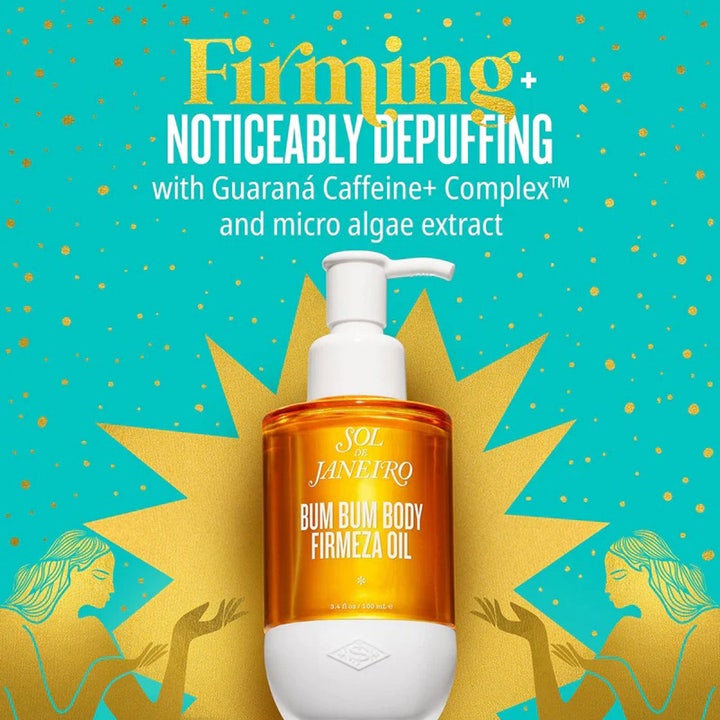 Sol de Janeiro Bum Bum Body Firmeza Oil 100 ml oppstrammende kroppsolje i oransje pumpeflaske med guaraná og koffein.