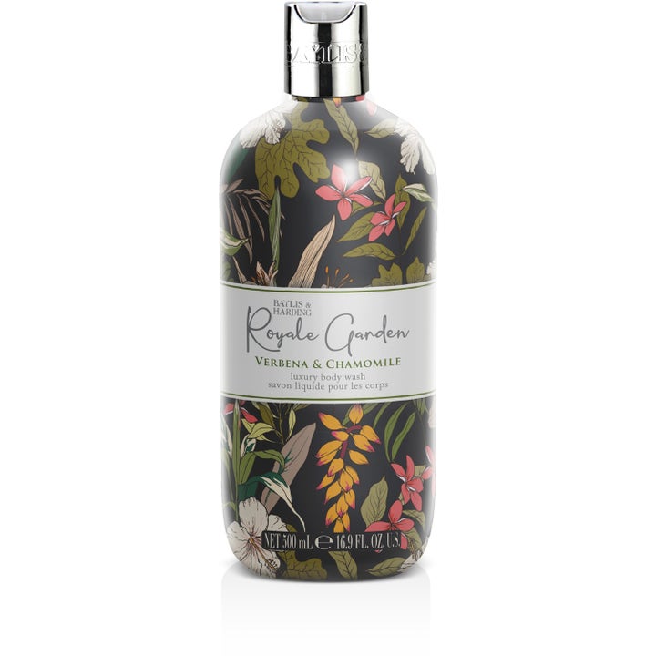 Baylis & Harding Royale Garden Verbena & Chamomile 500 ml kroppssåpe i mørk flaske med blomstermønster