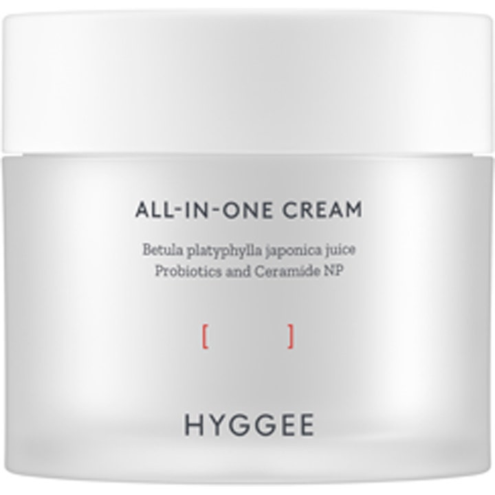 Hyggee All-In-One Cream 80 ml fuktighetskrem som styrker hudbarrieren i en frostet hvit krukke med hvitt lokk