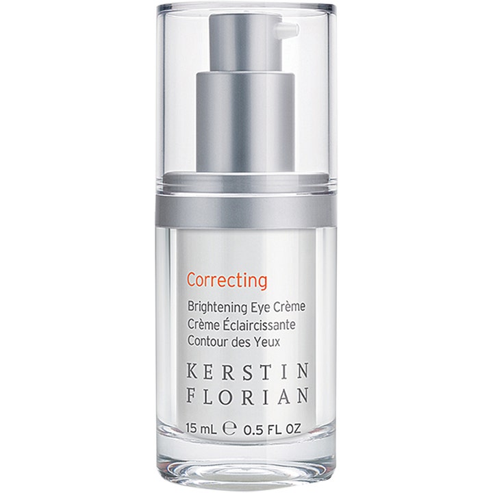 Kerstin Florian Correcting Brightening Eye Crème 15 ml lysnende øyekrem i klar pumpeflaske med sølvdetaljer og gjennomsiktig lokk.