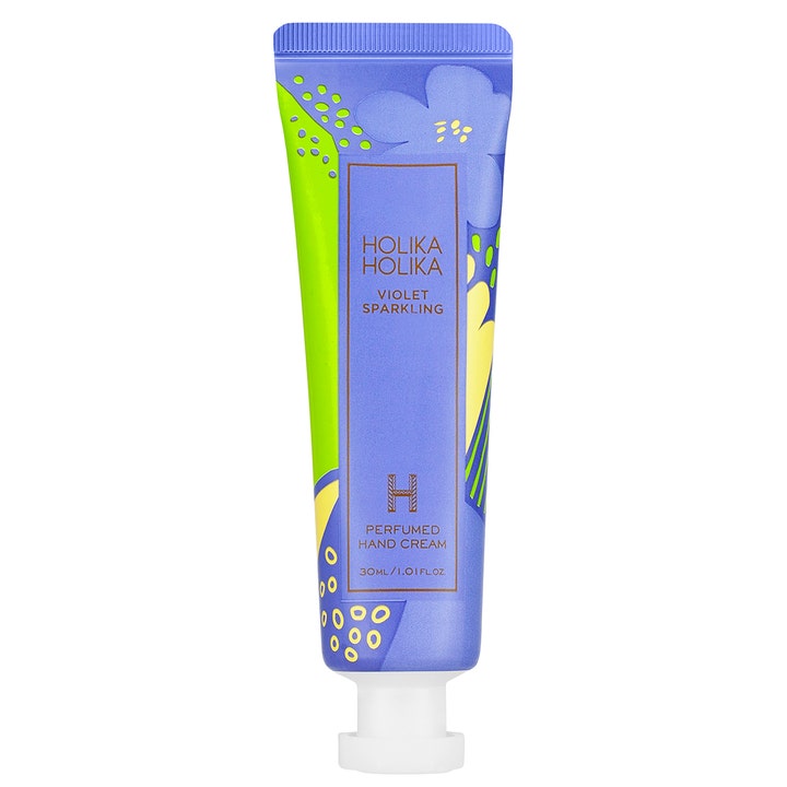 Holika Holika Violet Sparkling 30ml parfymert håndkrem i lilla tube med grønne og gule detaljer.