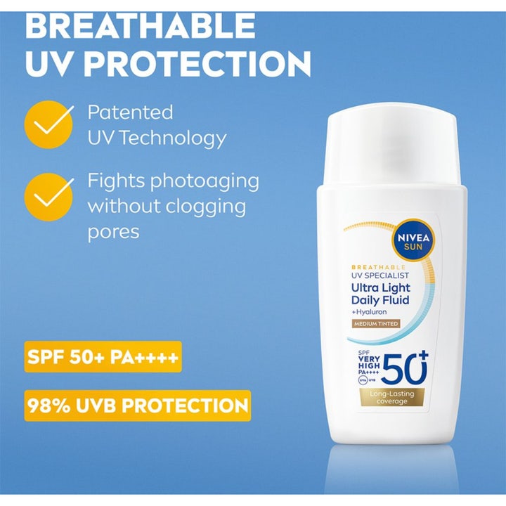 Nivea UV Face Ultra Fluid Medium Tinted 40 ml solkrem ansikt med SPF 50+ og hyaluronsyre gir pustende solbeskyttelse