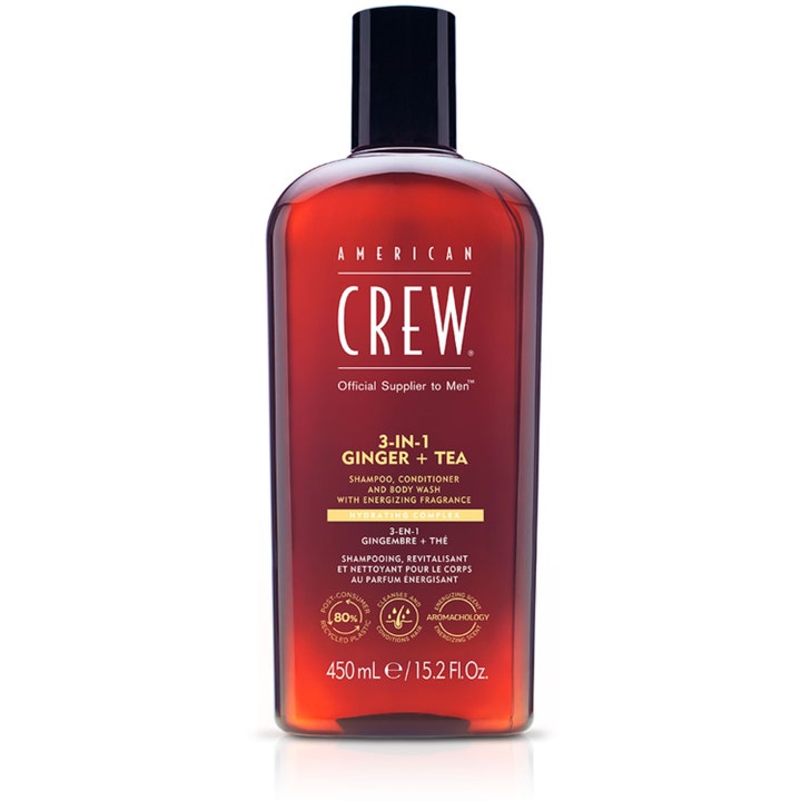 American Crew 3-IN-1 Ginger + Tea 450 ml energisk sjampo og kroppssåpe i en rødbrun gjennomsiktig flaske med sort kork.