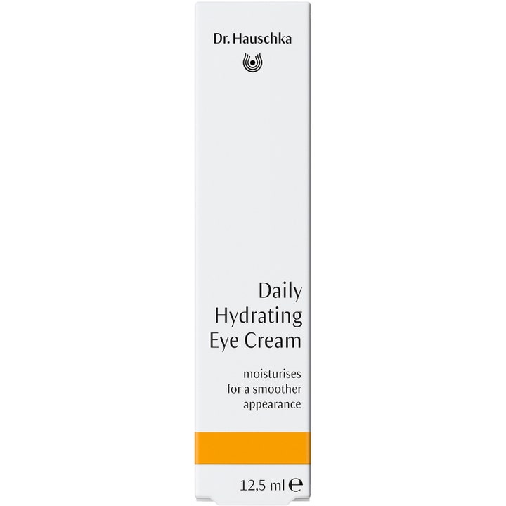 Dr. Hauschka Daily Hydrating Eye Cream 12,5 ml fuktighetsgivende øyekrem i hvit eske med oransje detalj