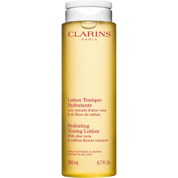 Clarins Hydrating Toning Lotion 200 ml fuktgivende ansiktsvann med aloe vera i gul gjennomsiktig flaske med hvitt lokk