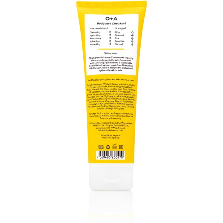 Q+A Ceramide Shower Cream 250 ml fuktighetsgivende dusjsåpe baksiden av gul tube med Bodycare Checklist