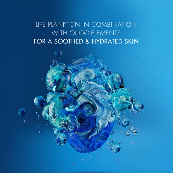 Biotherm Homme Aquapower Comfort 75 ml fuktighetsgivende ansiktskrem med blå bobler og tekst om Life Plankton