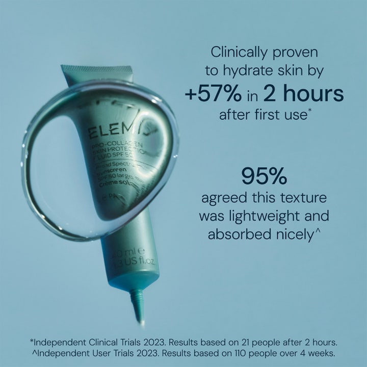 Elemis Pro-Collagen Skin Protection Fluid SPF50 40 ml solkrem ansikt gir fuktighet vist med en lett tekstur i en dråpe.