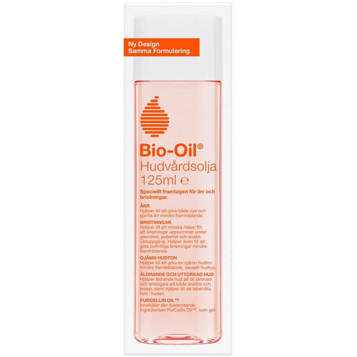 Bio-Oil Hudvårdsolja 125 ml i hvit eske med oransje tekst som motvirker arr og strekkmerker