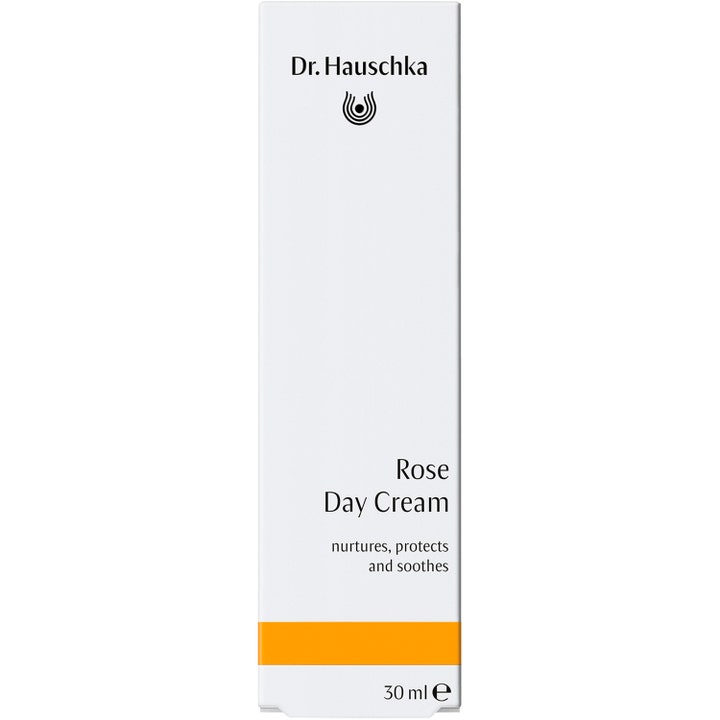 Dr. Hauschka Rose Day Cream 30 ml pleiende dagkrem i hvit eske med oransje stripe som beskytter og beroliger huden.