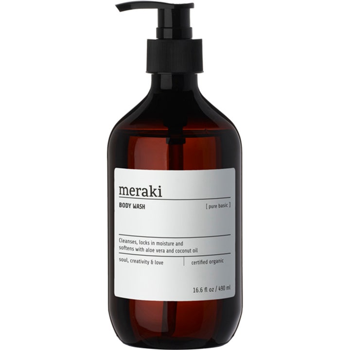 Meraki Body Wash Pure Basic 490 ml pleiende kroppssåpe i mørkebrun pumpeflaske med hvit minimalistisk etikett.
