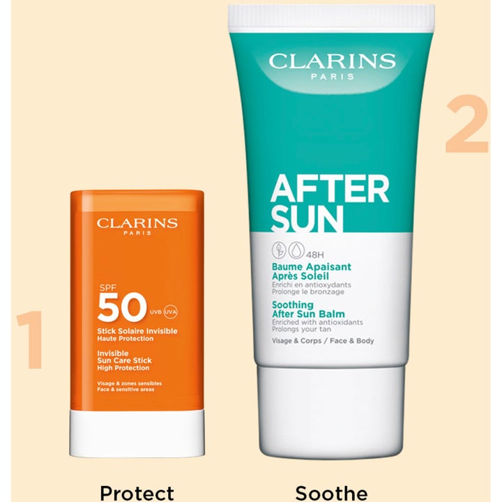 Clarins Invisible Sun Care Stick 17 g oransje solstift og After Sun Balm i turkis tube for solpleie