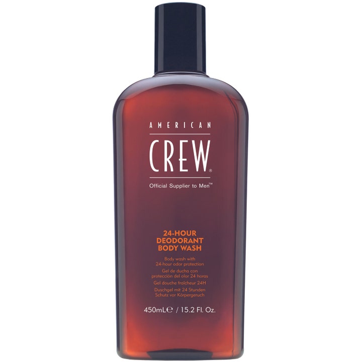American Crew 24-Hour Deodorant Body Wash 450 ml kroppsvask som gir friskhet i en gjennomsiktig brun flaske med svart kork.