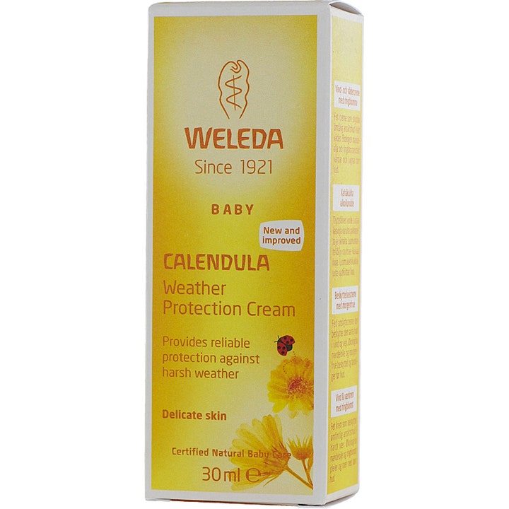 Weleda Calendula Weather Protection Cream 30 ml kuldekrem for barn i gul eske med illustrasjon av ringblomst