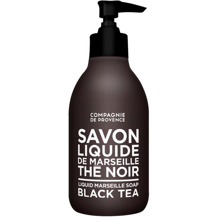 Compagnie de Provence Savon Liquide Thé Noir flytende såpe som renser i en matt mørkebrun pumpeflaske.