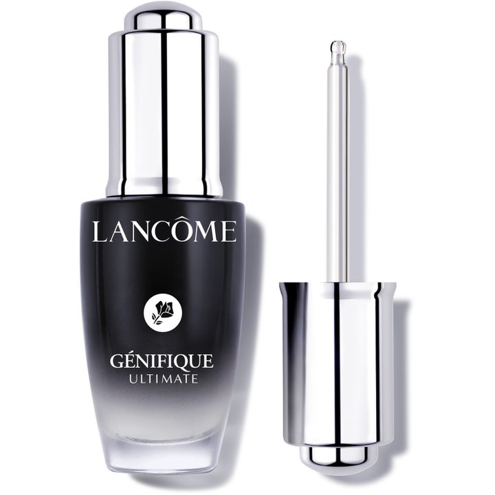 Lancôme Génifique Ultimate 30 ml reparerende serum i en svart og klar glassflaske med sølvfarget pipette