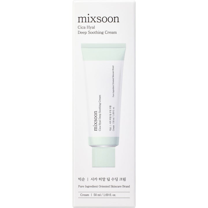 Mixsoon Cica Hyal Soothing Cream 50 ml fuktighetskrem ansikt i hvit ytteremballasje som viser en lysegrønn tube.
